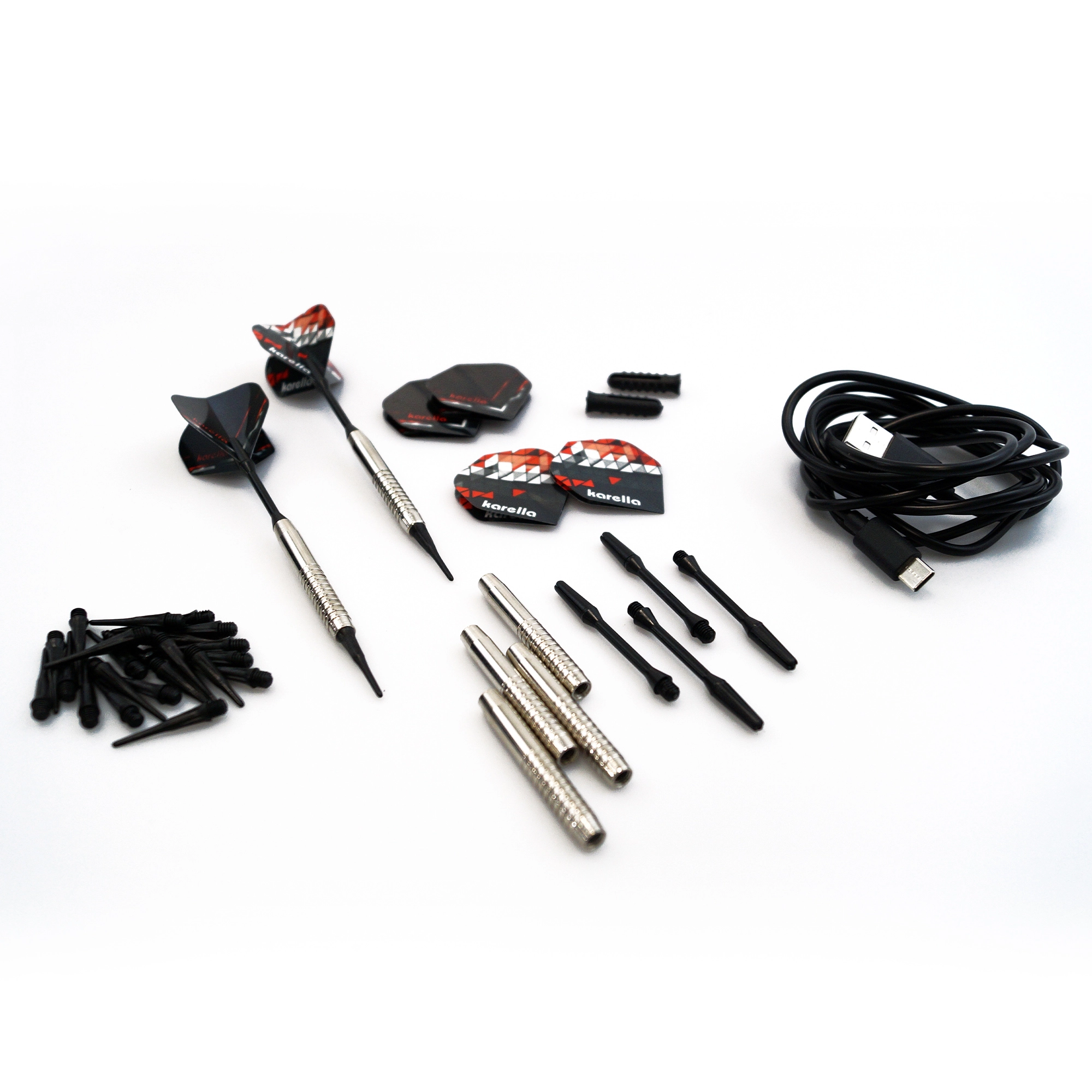 Inklusive 6 Softdarts, Ersatzspitzen und Mantagematerial