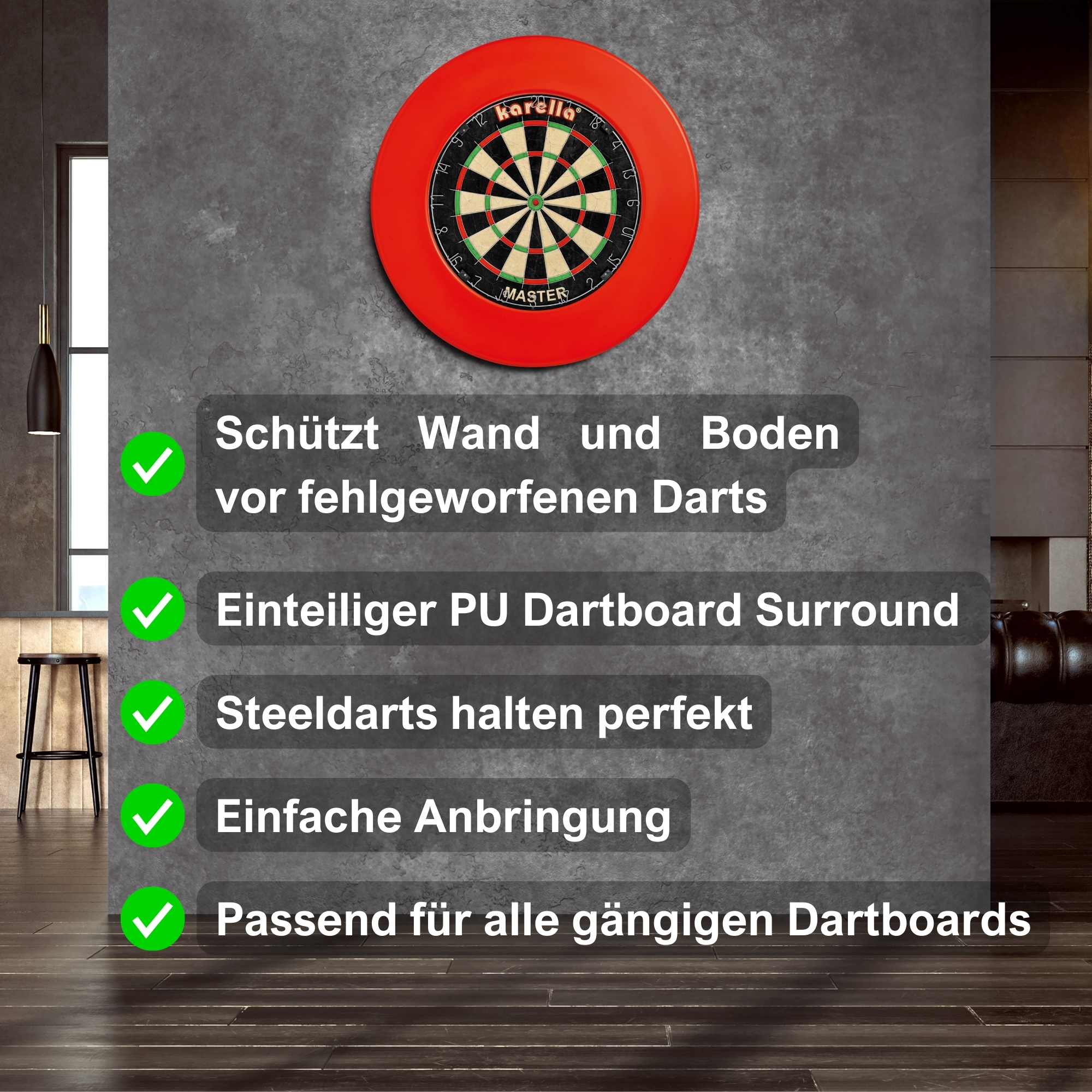 Der leicht anzubringende Catchring bietet optimalen Schutz für Ihre Wände: Fehlwürfe bleiben gut stecken, lassen sich dennoch leicht entfernen