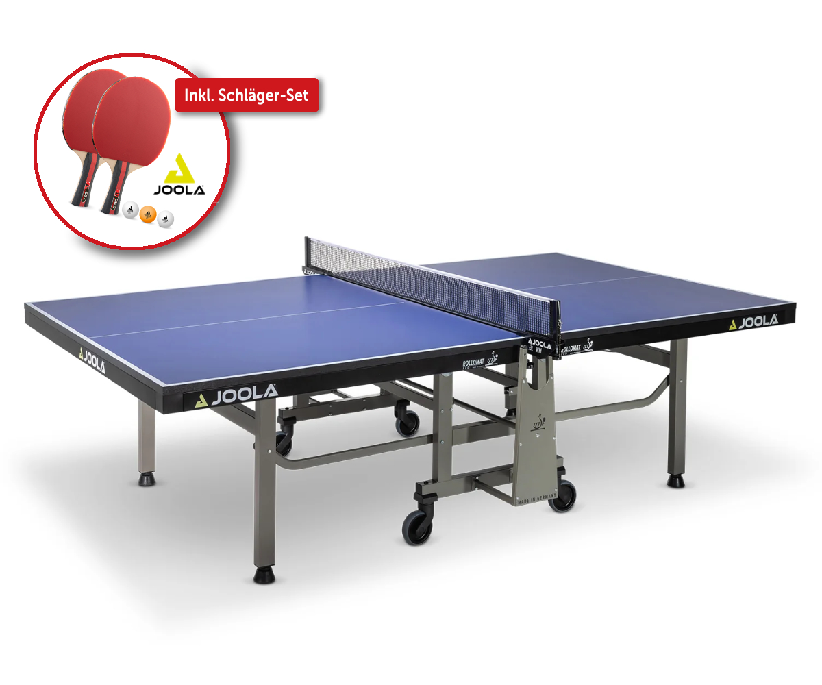 Indoor-Tischtennisplatte "Rollomat Pro" (ITTF) mit gratis Joola Schläger-Set