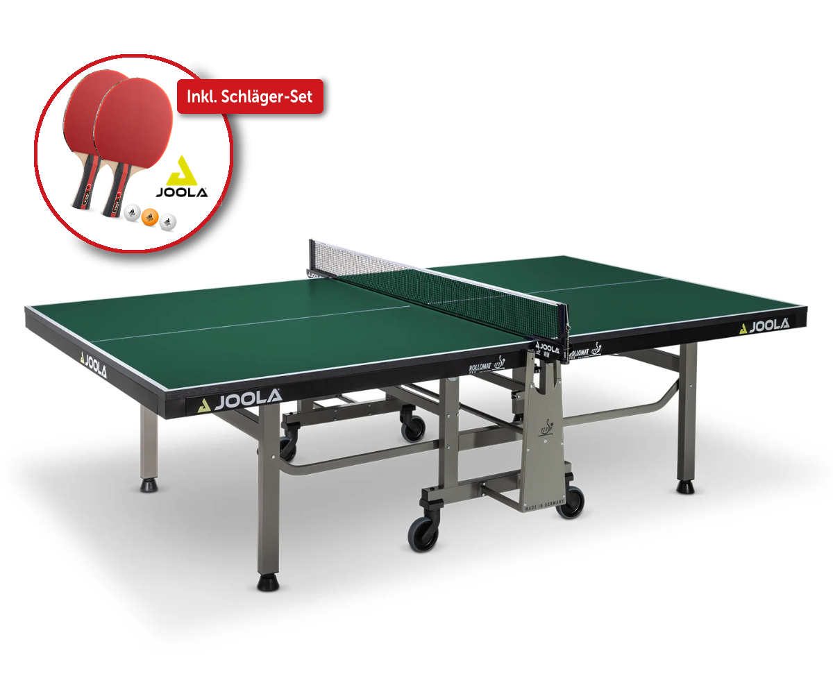 Indoor-Tischtennisplatte "Rollomat Pro" (ITTF) mit gratis Joola Schläger-Set
