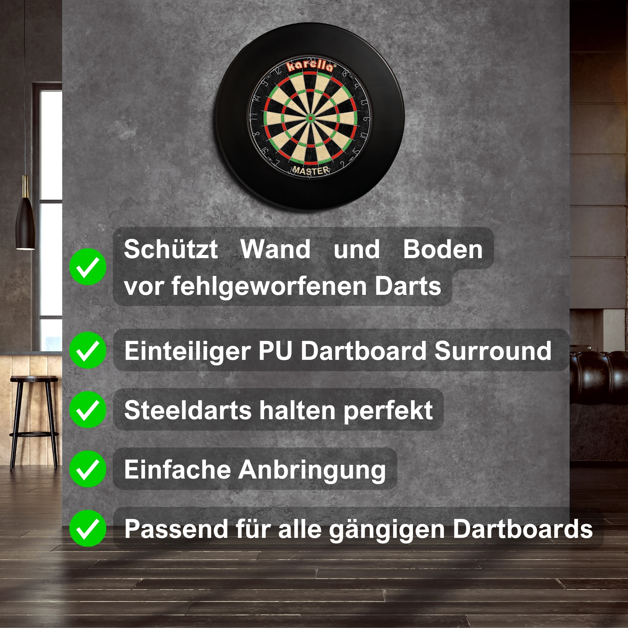 Der leicht anzubringende Catchring bietet optimalen Schutz für Ihre Wände: Fehlwürfe bleiben gut stecken, lassen sich dennoch leicht entfernen