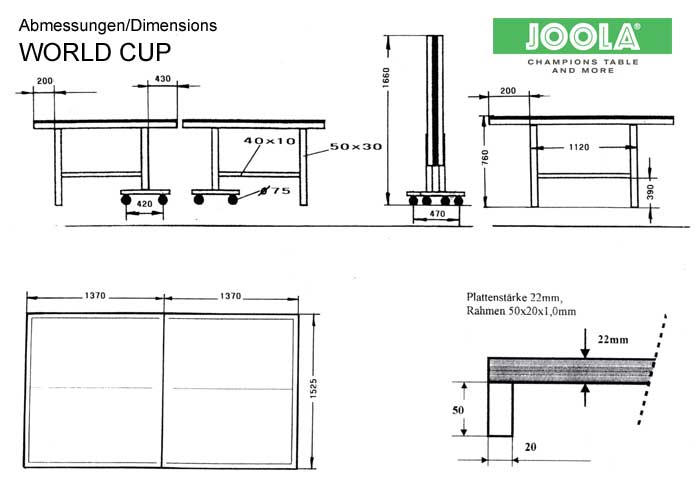 Indoor-Tischtennisplatte "World Cup 22" - Maße