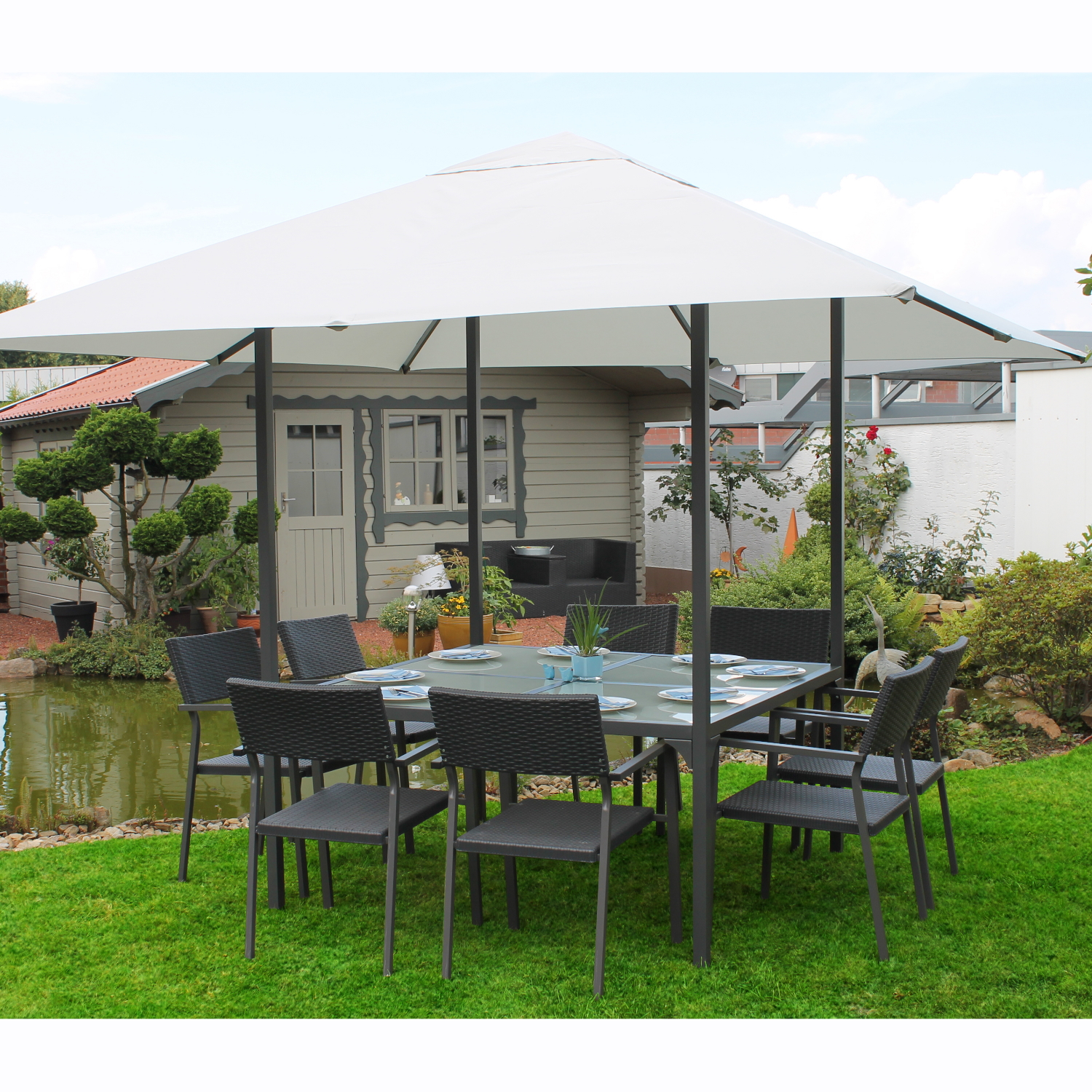 Dining Pavillon + Esstisch und Gartenzelt (3 x 3 m) (Lieferung erfolgt ohne Stühle)