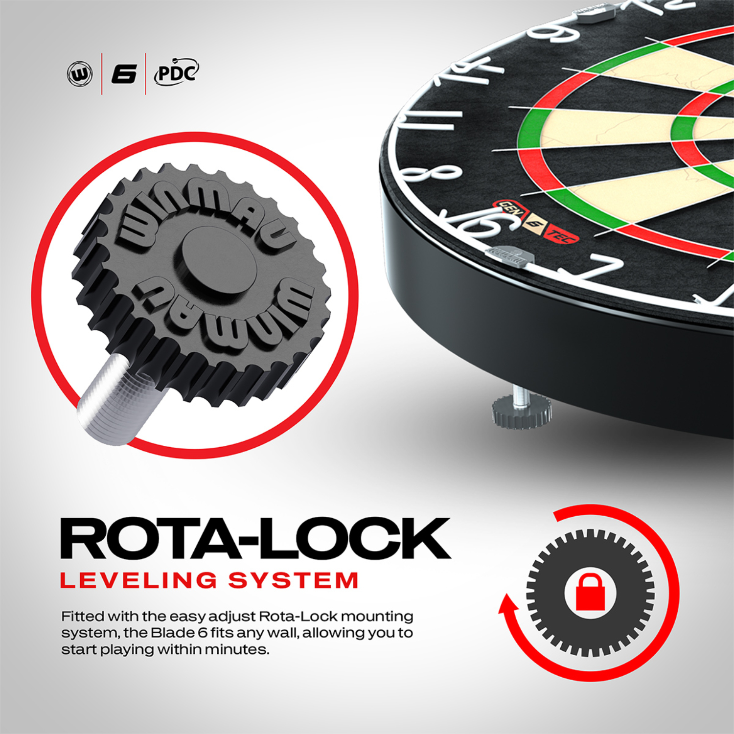 "Rota Lock-System" für eine mühelos perfekte Ausrichtung des Dartboards