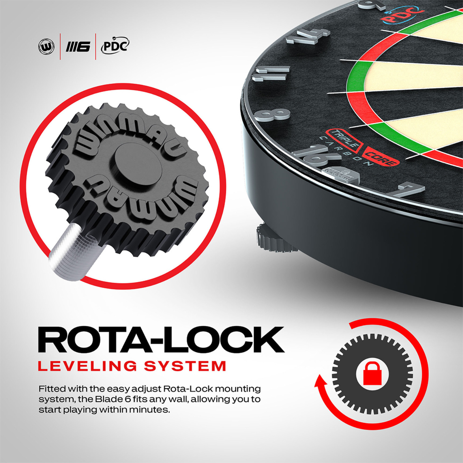 "Rota Lock-System" für eine mühelos perfekte Ausrichtung des Dartboards