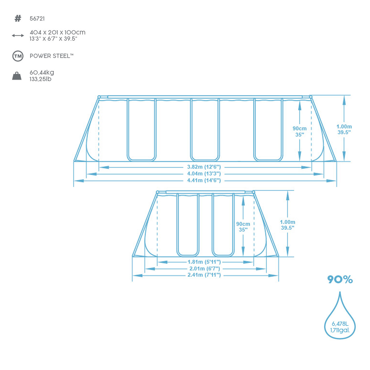 Frame Swimming Pool Set "Power Steel Eckig" Maße