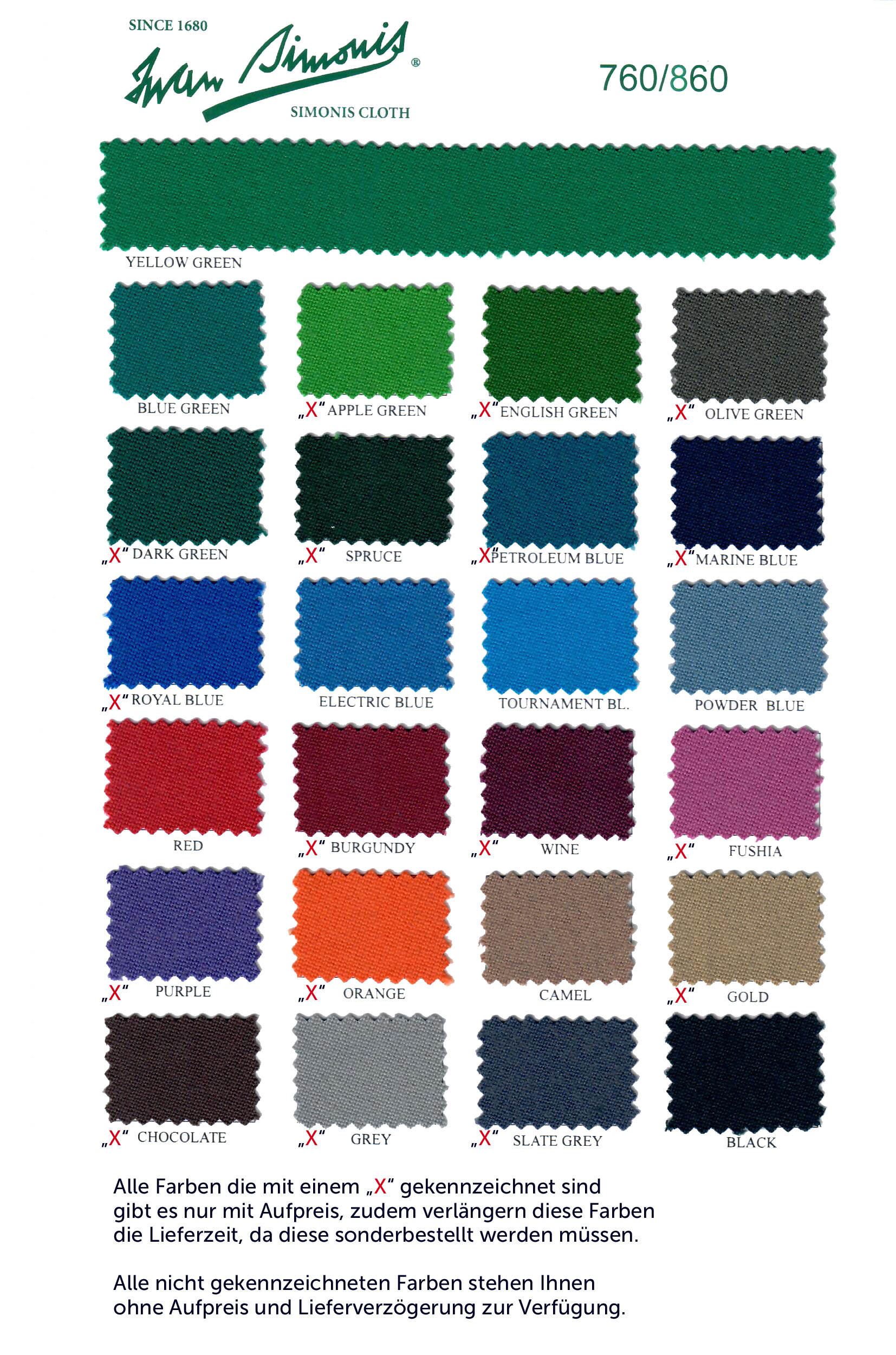 Farbe des Turnierbillardtuches individuell wählbar