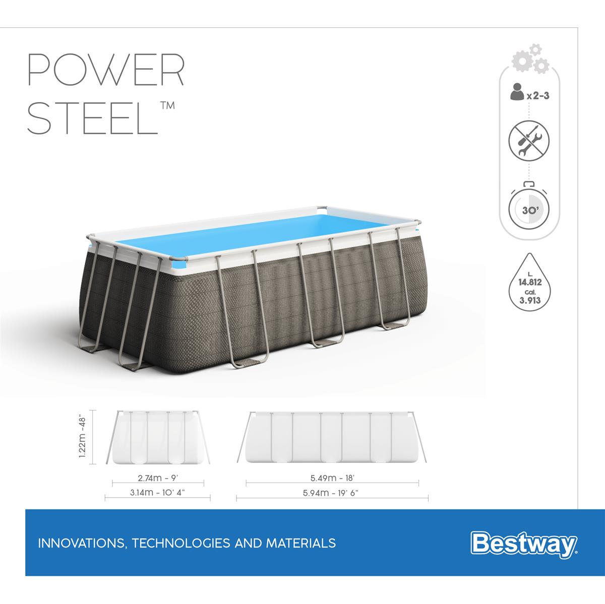 Frame Swimming Pool Set "Power Steel" Komplett-Set, mit Filterpumpe, Rattan-Optik (Schiefergrau), eckig