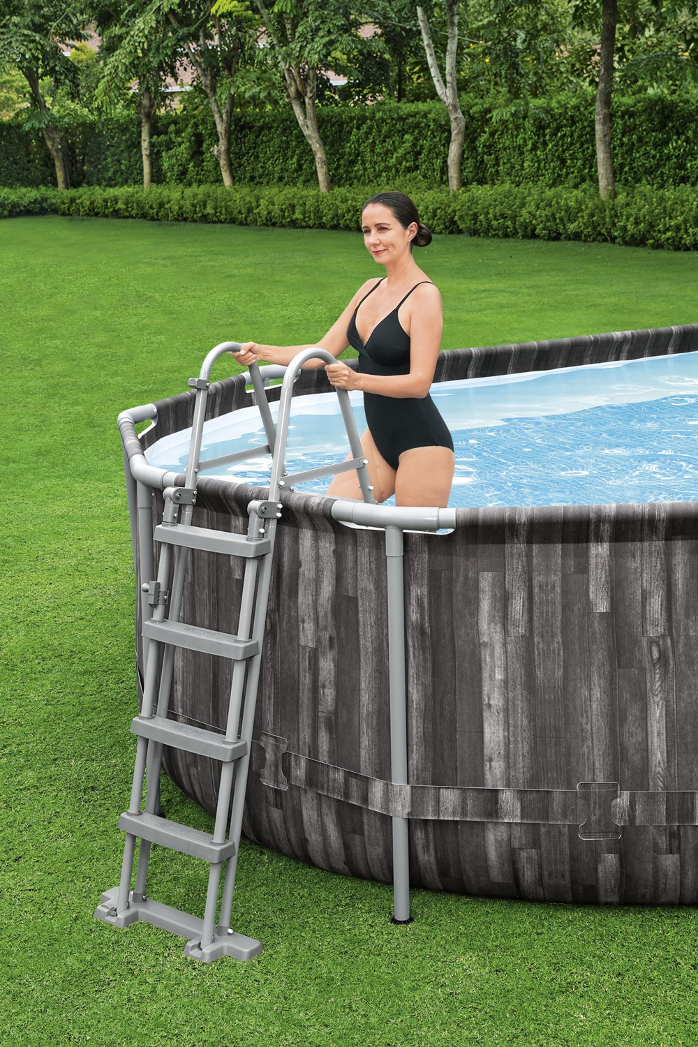 Frame Swimming Pool Set "Power Steel™" Komplett-Set, oval, Sicherheitsleiter