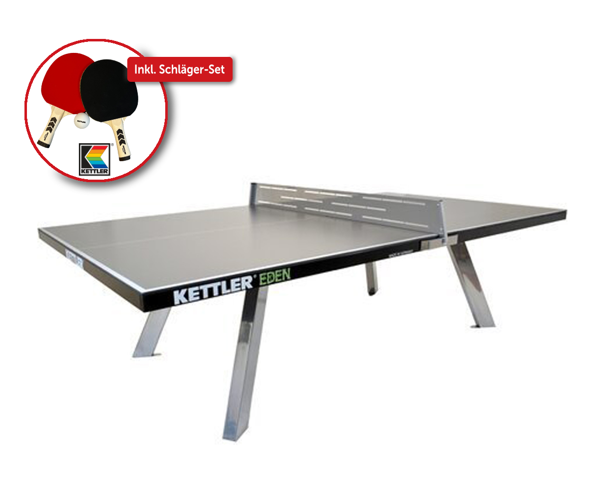 Outdoor-Tischtennisplatte "Eden", inkl. Kettler Schläger-Set (2 Schläger & 6 Bälle)
